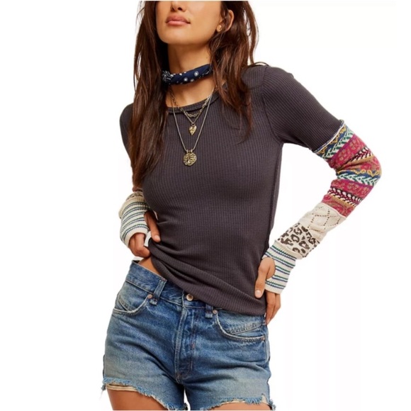 FREE PEOPLE All In Cuff Long Sleeve Top, Washed Black Combo, Size Large - Picture 2 of 6
